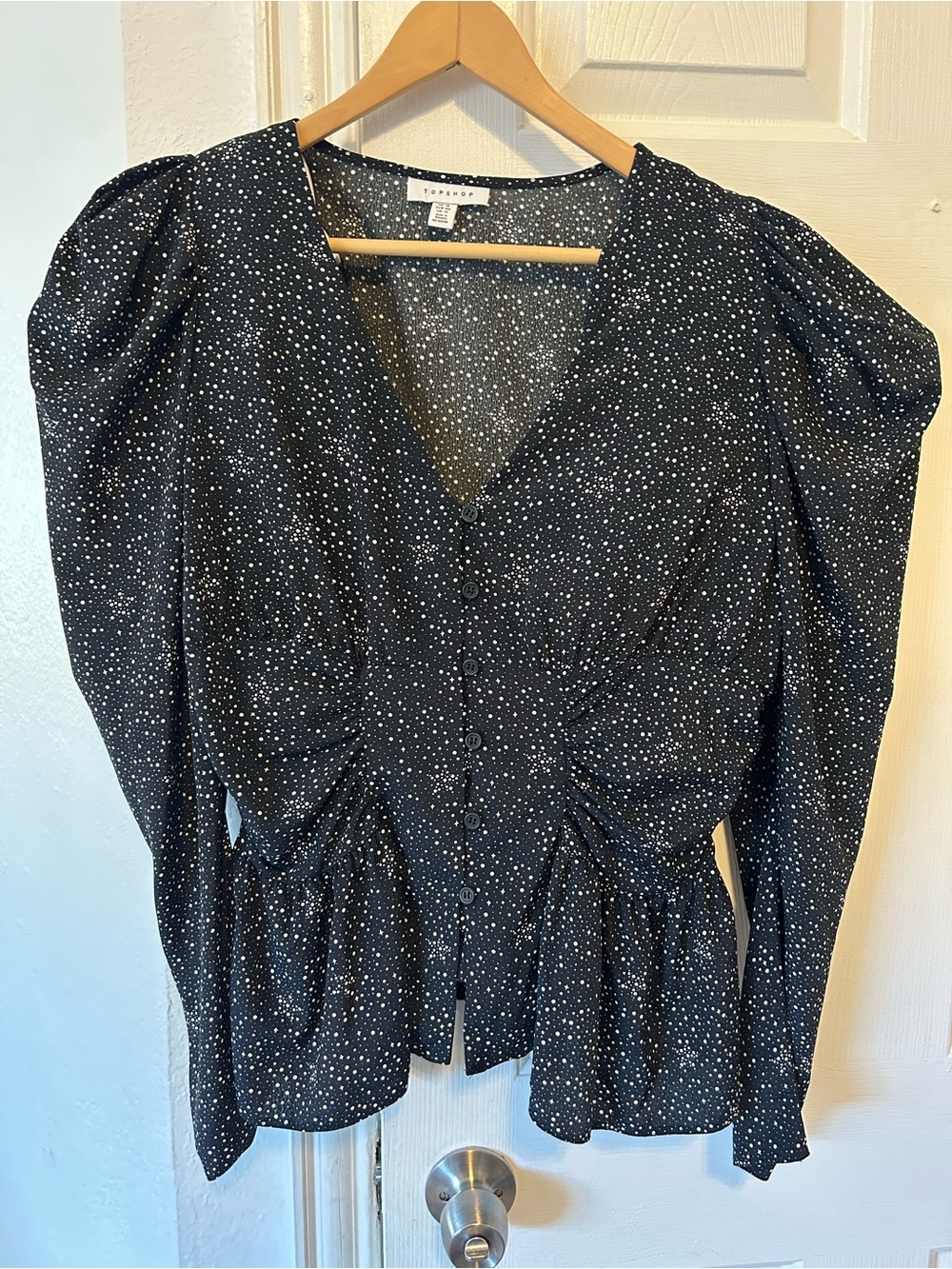 Topshop Black Star-Dot Puff-Sleeve Button Blouse